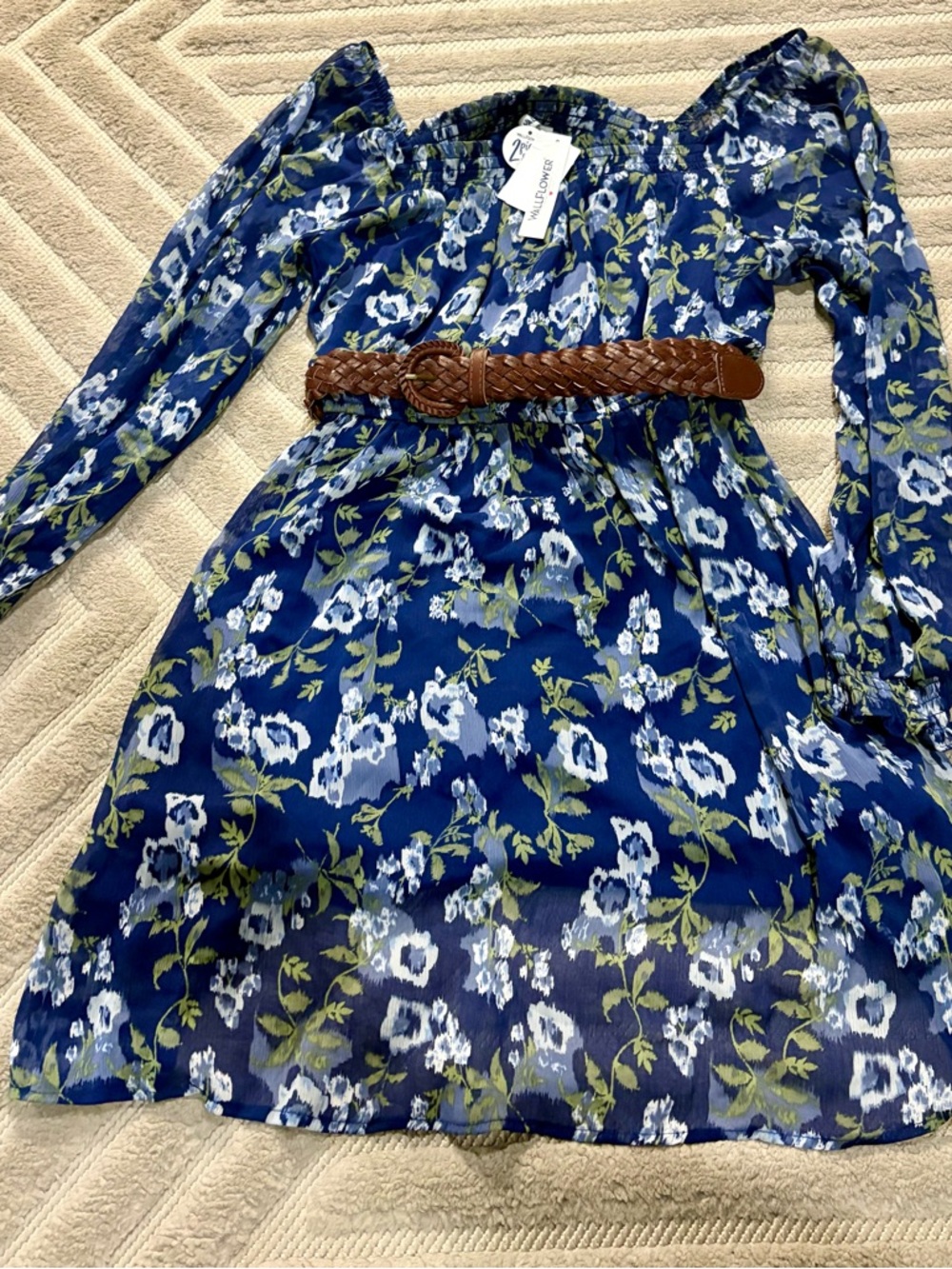 Wallflower smocked neck puff sleeve belted mini dress NWT medium